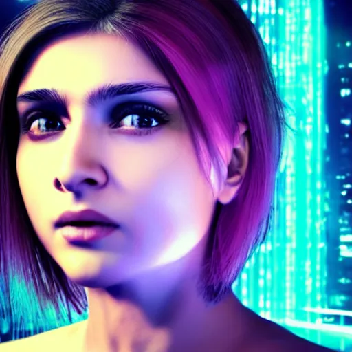 Prompt: Alia Bhatt, neon face tattoo, cyberpunk background, straight hairstyle, white eyes, blonde hair, realistic render, short hair, unreal engine render, Icaro Carvalho