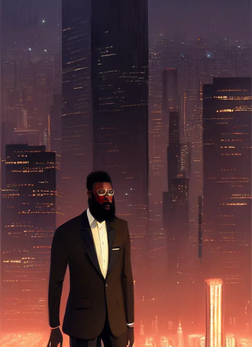 Image similar to portrait of handsome black genius in tailored suit, urban skyline, low haircut with full beard, supreme mathematics, elegant atmosphere, glowing lights, highly detailed, digital painting, artstation, concept art, smooth, sharp focus, illustration, art by wlop, mars ravelo and greg rutkowski