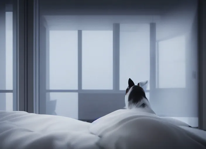 Image similar to photography of a Jack Russel watching outside the window on a bed in a 3d rendered white room, octane render, 3d, foggy, volumetric light, volumetric fog, photorealistic, unreal engine 5