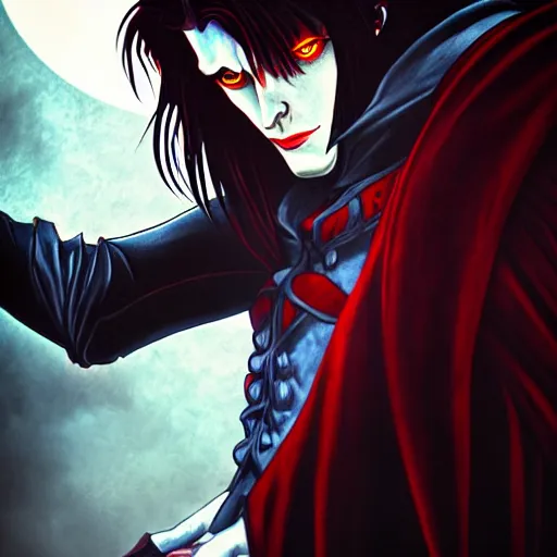 Image similar to a portrait of a alucard castlevania ,Grim fantasy, vampire, D&D, HDR, natural light, shoulder level shot, dynamic pose, award winning photograph, Mucha style 4k,