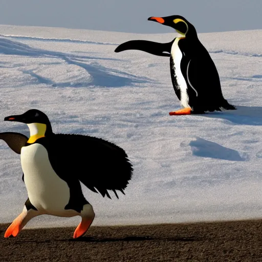 Prompt: penguin that is riding a horse, the penguin rides a horse, horse that is being ridden by a penguin, horse