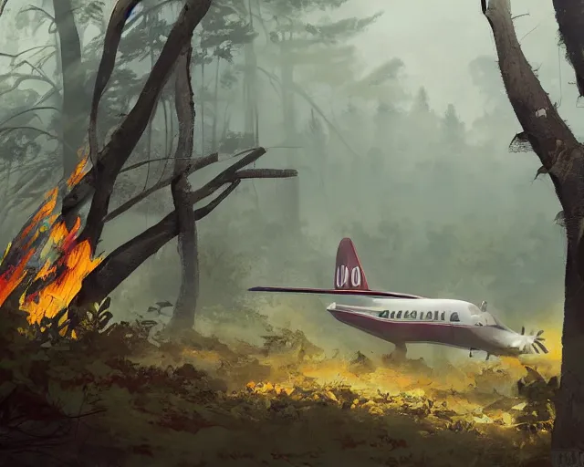 Prompt: a crashed airplane in a forest, smoke, smog, cloudy air, and fire. Forest swamp. Atmospheric lighting By Makoto Shinkai, Stanley Artgerm Lau, WLOP, Rossdraws, James Jean, Andrei Riabovitchev, Marc Simonetti, krenz cushart, Sakimichan, trending on ArtStation, digital art.