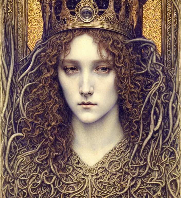 Image similar to detailed realistic beautiful young medieval queen face portrait by jean delville, gustave dore and marco mazzoni, art nouveau, symbolist, visionary, gothic, pre - raphaelite. horizontal symmetry