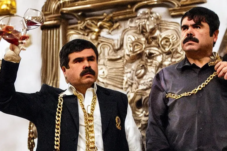 Image similar to el chapo standing in the middle of a grandiose mexican mansion. everything is made out of gold. el chapo is sipping on wine. the mansion is incredible and ornate. chapo has a clockwork chain. there are princesses and queens everywhere around him