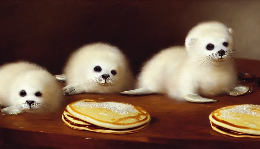 Image similar to highly detailed painting of cute furry white baby seals in a pile of jam pancakes on a table by william turner, by greg rutkowski, by william constable, thick brush strokes and visible paint layers, 4 k resolution