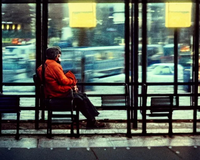 Image similar to a lomographic photo of russian lone man sitting in bus station at evening, cinestill, bokeh