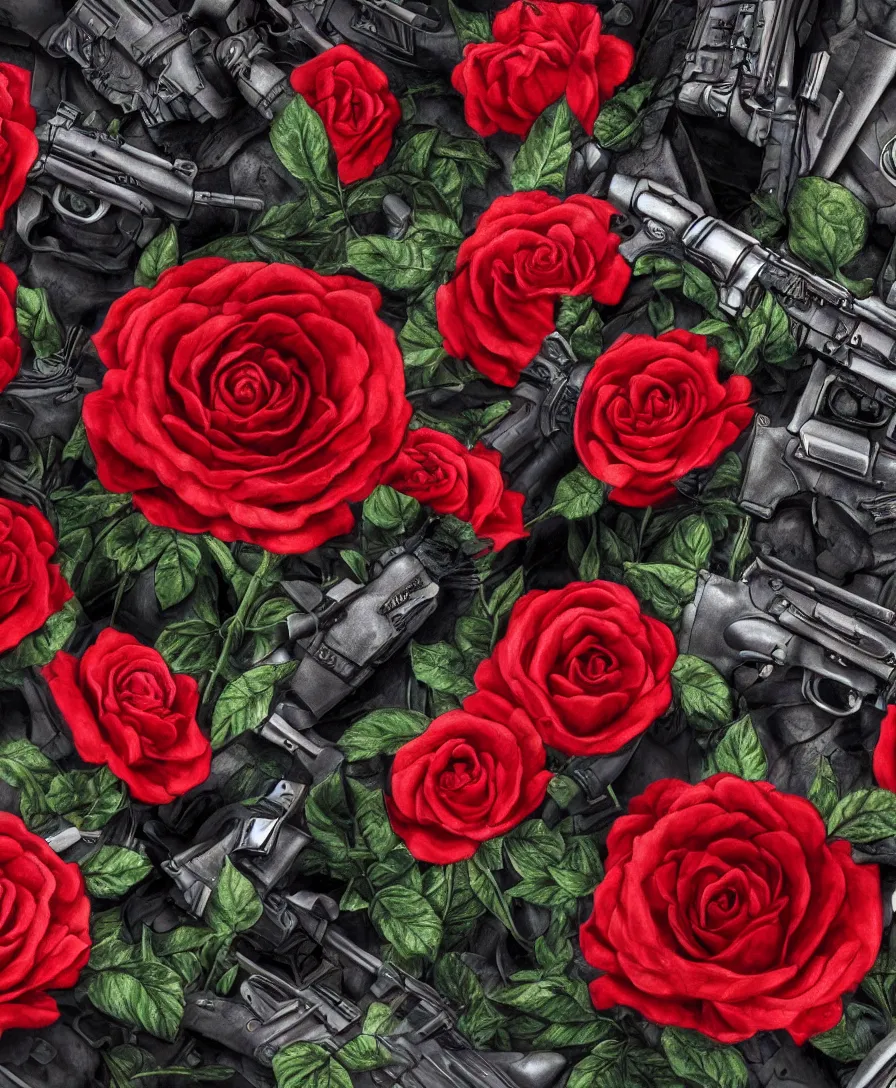 Prompt: close up guns and red roses, ultra detailed, photorealistic, trending on artstation, 4 k, 8 k