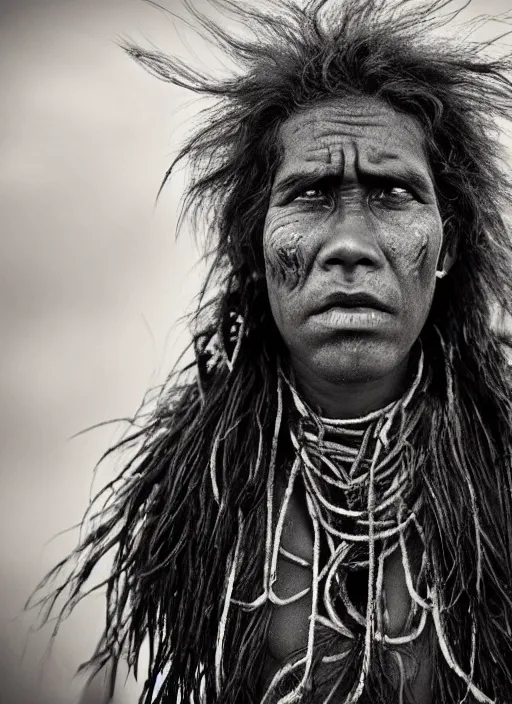 Image similar to Award winning Editorial photo of a Native Nauruans with incredible hair and beautiful hyper-detailed eyes wearing traditional garb by Lee Jeffries, 85mm ND 5, perfect lighting, gelatin silver process