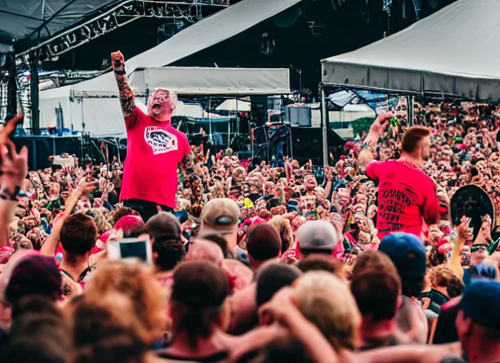 Prompt: photo still of gallagher at vans warped tour!!!!!!!! at age 5 5 years old 5 5 years of age!!!!!!! throwing watermelons into a crowd, 8 k, 8 5 mm f 1. 8, studio lighting, rim light, right side key light