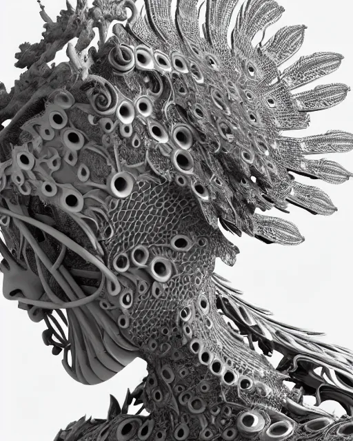Prompt: bw close - up profile face, beautiful young porcelain intricate bio - mechanical ribs vegetal - dragon - cyborg - female, white metallic armour, white peacock feathers, roots, fine mandelbrot fractal lace, 1 5 0 mm, soft rim light, elegant, hyper real, ultra detailed, octane render, hg giger, 1 6 k