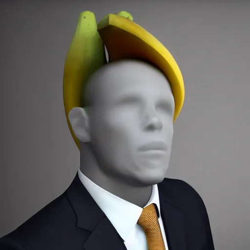 Image similar to an antropomorphic banana wearing a business suit