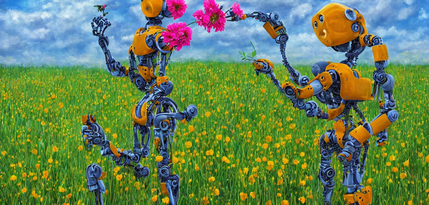 Image similar to detailed digital painting of a robot picking a flower in a beautiful open field, VISTA photography by Carr Clifton Galen Rowell