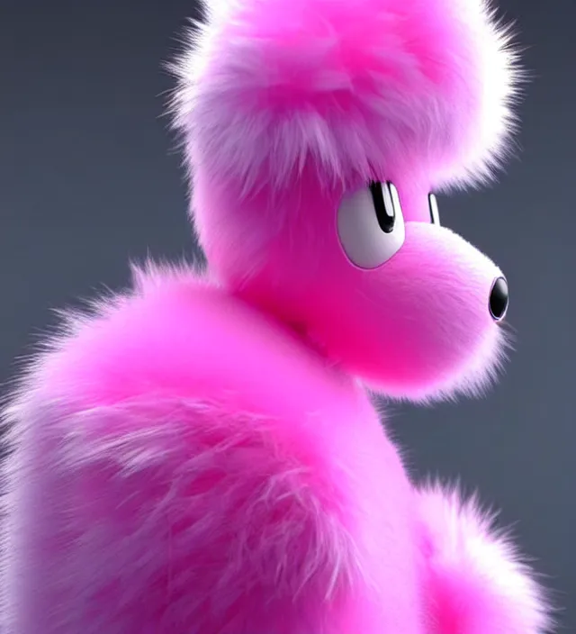 Image similar to high quality 3 d render hyperrealistic very cute small pink robot, plush mascot, short spiky dense fluffy smooth hair, photo from the side, pink fluffy fur, 1 5 0 mm, beautiful natural soft light, rim light, smooth background, artstation, ultra detailed, elegant, ultra detailed, metallic armor, octane render