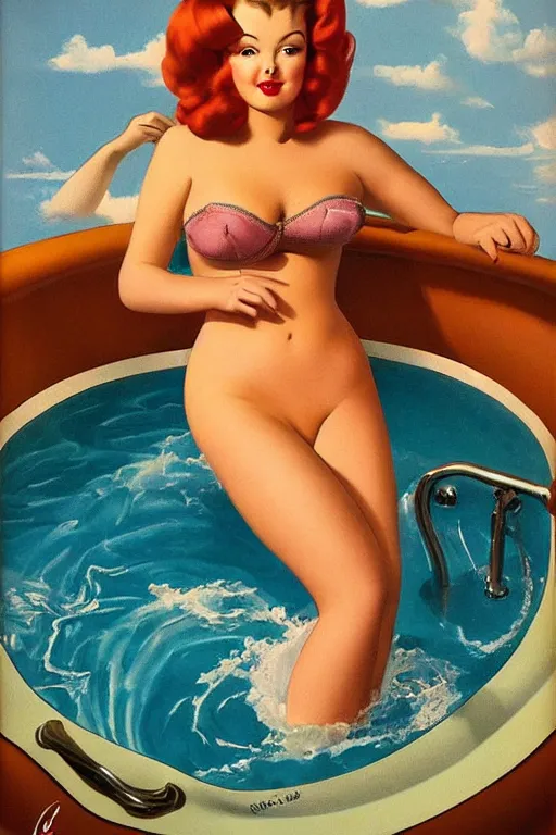 Image similar to a seductive hippo in a hot tub in the style of Gil Elvgren and Alberto Vargas