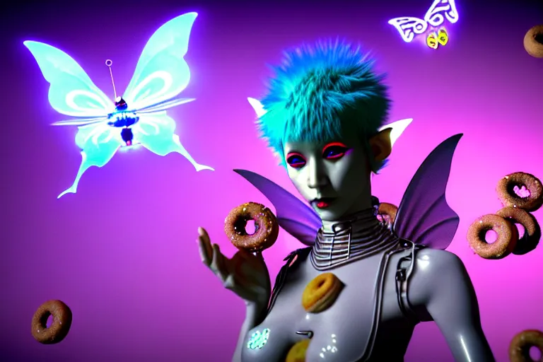 Prompt: 3 d render of a cyborg pixie monk jester roaming a futuristic japanese cyberpunk bladerunner cyber landscape with orbs and donuts against a psychedelic surreal background with 3 d butterflies and 3 d flowers n the style of 1 9 9 0's cg graphics 3 d rendered y 2 k aesthetic by ichiro tanida, 3 do magazine, wide shot