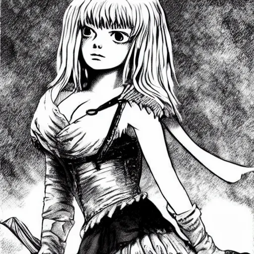 Image similar to Emma Stone as a pirate in the style of Berserk, by Kentaro Miura