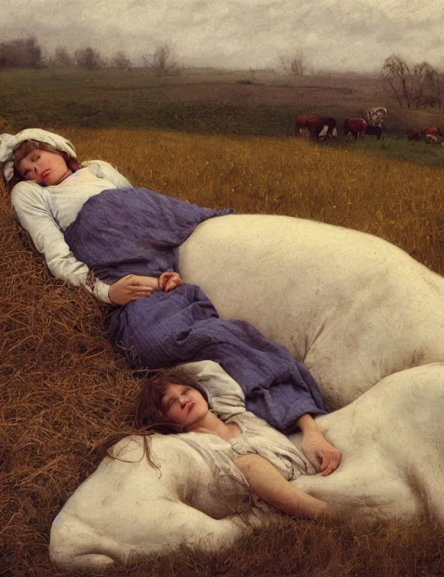 Image similar to peasant girl sleeping with a cow on a farm, cottage core, polaroid photo bleached vintage pastel colors high - key lighting, soft lights, foggy, by steve hanks, by lisa yuskavage, by serov valentin, by tarkovsky, 8 k render, detailed, oil on canvas