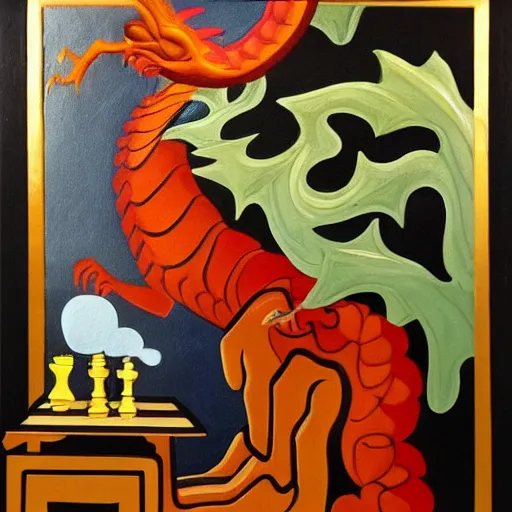 Image similar to an oil painting in the style of art deco of a dragon in a suit smoking a cigar while sitting at a chess table, handsome dragon, artsy