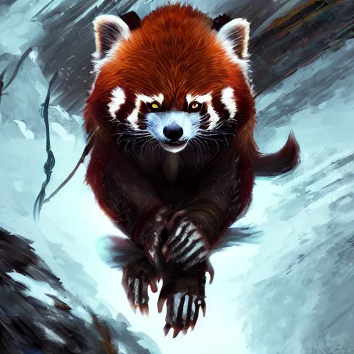 Prompt: red panda as wrath of the lich king character, digital illustration portrait design, by android jones and greg rutkowski, retrowave color scheme, detailed, cinematic lighting, wide angle action dynamic portrait