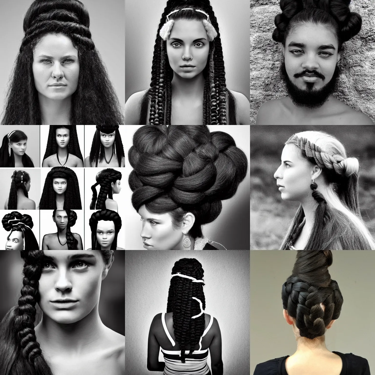 Prompt: neolithic hairstyle contest winner, black and white