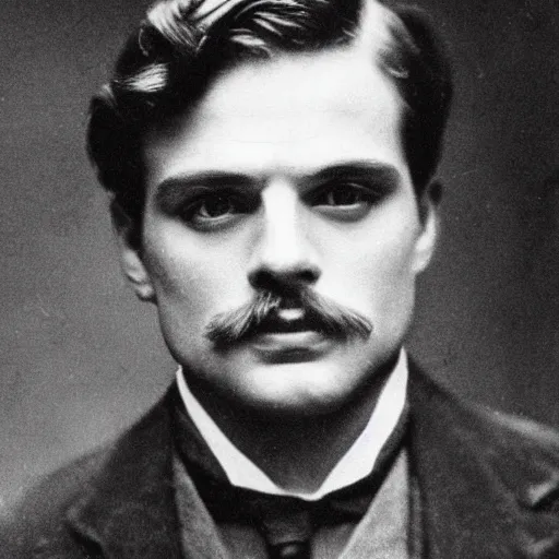 Prompt: headshot edwardian photograph of sebastian stan, henry cavill, small moustache, 1 9 2 0 s film actor, suave, charming, realistic face, 1 9 1 0 s photography, 1 9 0 0 s, grainy, victorian, soft blur