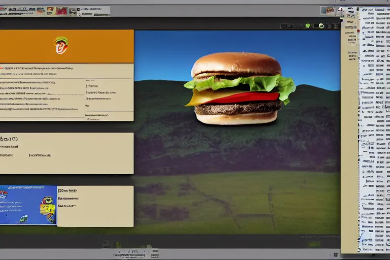 Prompt: hamburger themed gnu / linux desktop environment, linux mint, in 1 9 9 5, y 2 k cybercore, desktop screenshot