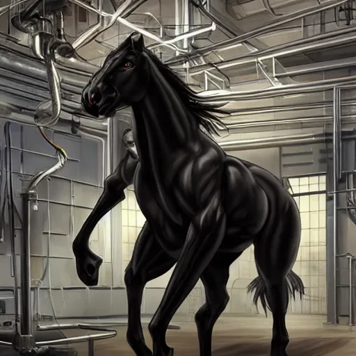 Image similar to splash art of a hyper - muscular black - coated anthropomorphic horse character in a research facility wearing a suit pumping chemicals into their muscles, long hair, exaggerated muscles, highly detailed, furry, furaffinity, digital painting, artstation, sharp focus, illustration, art by artgerm, greg rutkowski, alphonse mucha