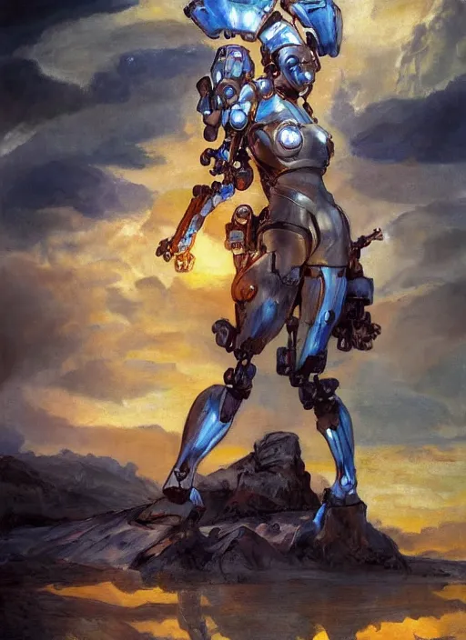 Image similar to biblical mecha slim female, dynamic pose, in clouds, sunset, big eyes, portrait by mikhail vrubel, studio lighting, muted colors, by frank frazetta, extreme detail, reflections, trending on artstation, 8 k