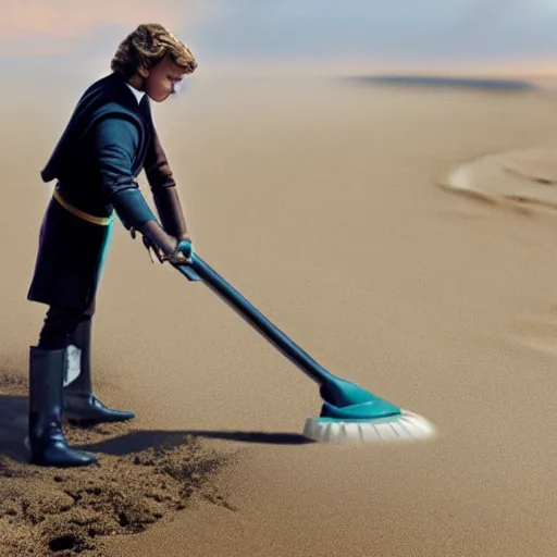 Image similar to anakin skywalker vacuuming the beach for sand, 4k, photorealistic,