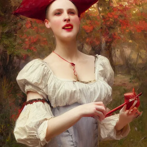 Image similar to Solomon Joseph Solomon and Richard Schmid and Jeremy Lipking victorian genre painting portrait painting of a happy young beautiful woman sorcerous traditional german french actress model pirate wench in fantasy costume, red background