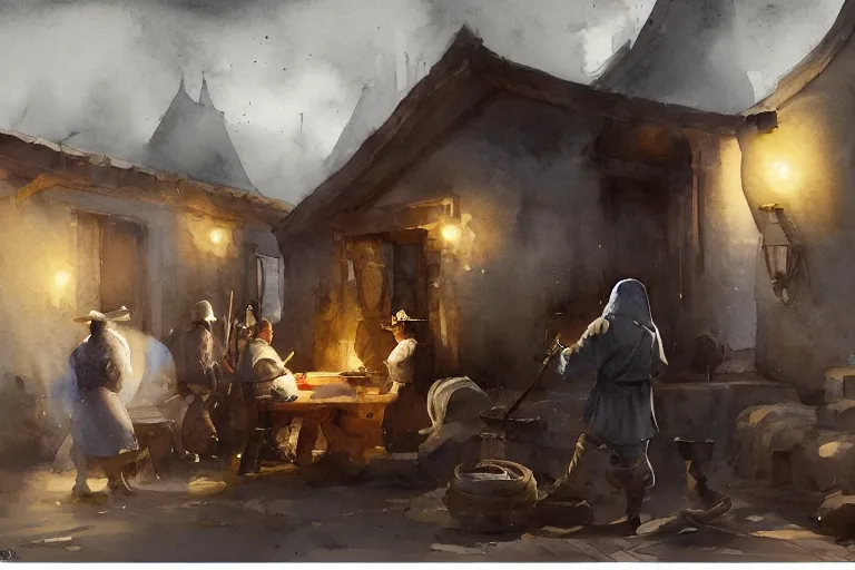 Image similar to centered on watercolor paper, paint brush strokes, smudged abstract watercolor painting of medieval blacksmith with apron, anvil, hammer, glow, cinematic light, national romanticism by hans dahl, by jesper ejsing, by anders zorn, by greg rutkowski, by greg manchess, by tyler edlin