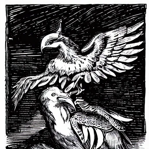 Image similar to a black and white drawing of an eagle attacking a demon, a woodcut by Sir John Tenniel, pixabay, vanitas, woodcut, photoillustration, storybook illustration