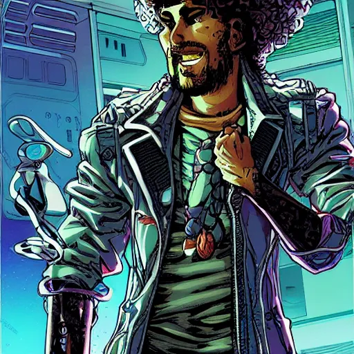 Prompt: a cyberpunk curly-haired persian guy by masamune shirow, digital art, aesthetic