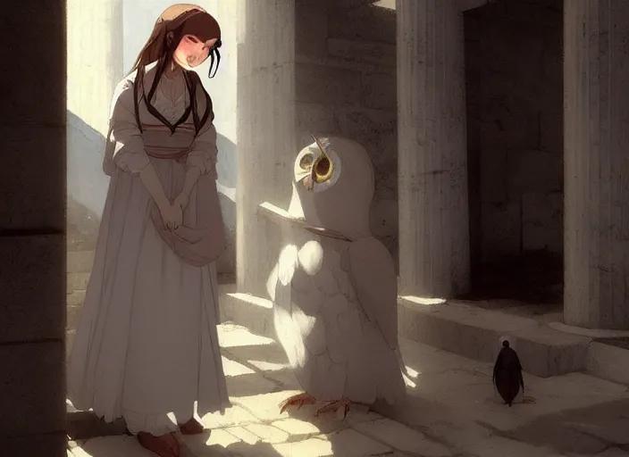 Image similar to greece 1 8 4 0's, young adult florence nightingale shocked at some children tormenting a small owl at the parthenon in athens, finely detailed perfect art, gapmoe yandere grimdark, trending on pixiv fanbox, painted by greg rutkowski makoto shinkai takashi takeuchi studio ghibli