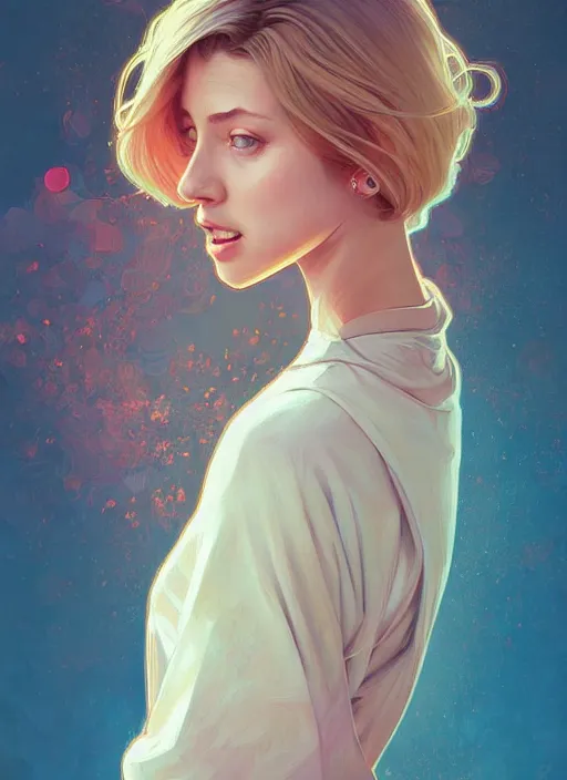 Image similar to handsome young women with shoulder length blonde hair, half body shot, path traced, highly detailed, high quality, digital painting, alena aenami, lilia alvarado, shinji aramaki, karol bak, alphonse mucha, tom bagshaw