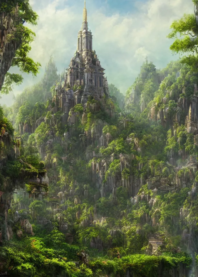 Prompt: a highly detailed matte painting of the ultimate holy temple in the middle of a lush mountainous landscape with lots of exotic flowers and trees, tall central tower where god lives, hd, concept art, artstation, deviantart