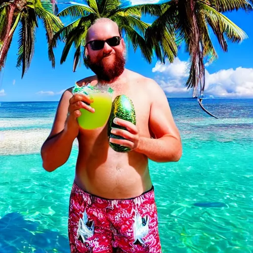 Prompt: Cthulhu with a dad bod wearing shorts and sandals and drinking pina colada from a coconut at a sunny, festive beach