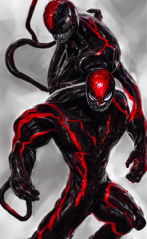 Image similar to venom in a venom inspired ironman suit, black and red, dynamic lighting, photorealistic fantasy concept art, trending on art station, stunning visuals, terrifying, creative, cinematic