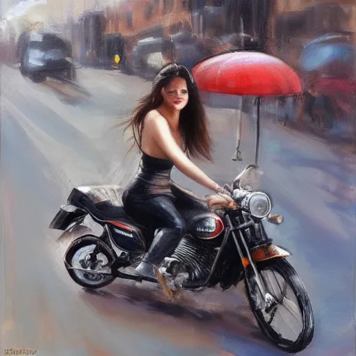 Prompt: a beautiful brunete girl in a moto, in the style of thomas saliot