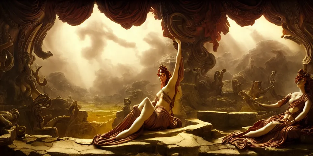 Image similar to mythological temple dedicated to wine, by Rolf Armstrong and Evelyn De Morgan and Bastien Lecouffe-Deharme, dramatic lighting, high contrast colors, baroque, empyrean, panoramic view, as trending on Artstation, highly detailed, doom engine,