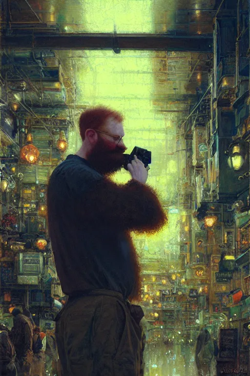 Image similar to full - body portrait of bearded ginger man taking photos of beer, by donato giancola, craig mullins, jeremy mann, face details, extremely detailed, bokeh, photorealistic, reflections, digital illustration