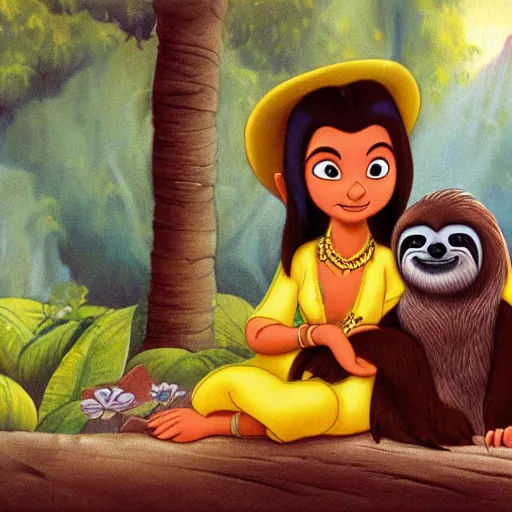 Image similar to a beautiful young indian cottagecore witch holds a cute sloth, 1 9 9 5 disney animation, highly detailed