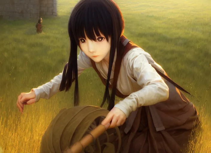 Prompt: lain iwakura from serial experiments lain as medieval peasant working in the field wiping off sweat from forehead cute ember eyes hairpin wonderful masterpiece highly detailed scifi, beautiful cinematic light deep focus, elegant, digital painting, smooth, sharp focus, golden ratio, dramatic illumination, ultra realistic, 4 k, art by greg rutkowski wlop rossdraws