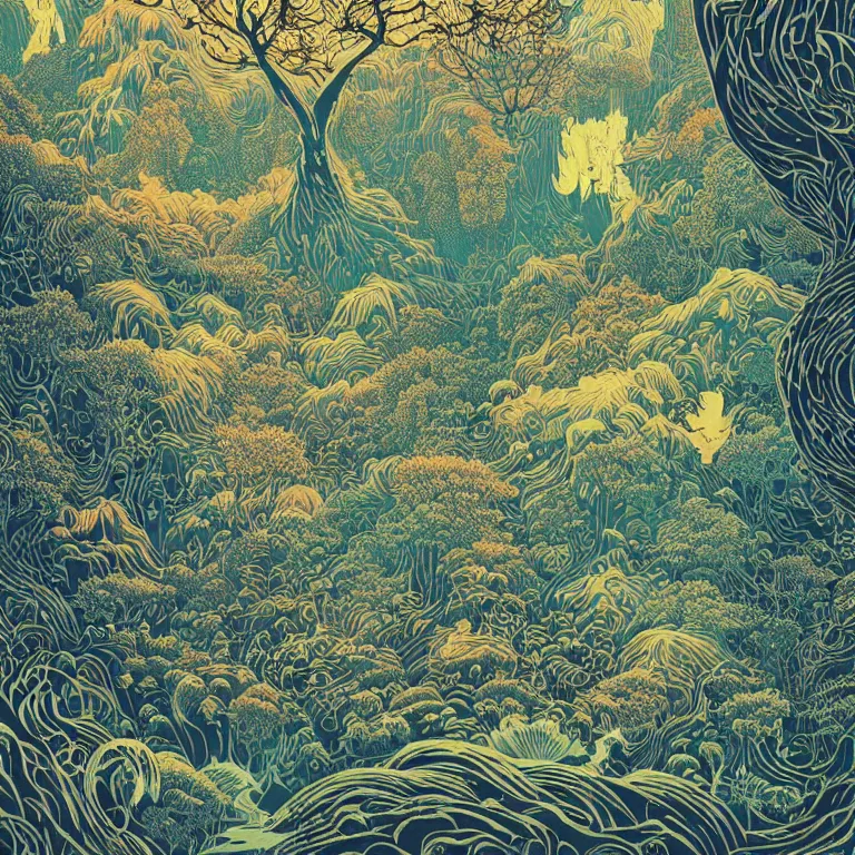 Prompt: linocut print of fantasy forest, amazing art, highly detailed, color, masterpiece, by victo ngai, craig mullins