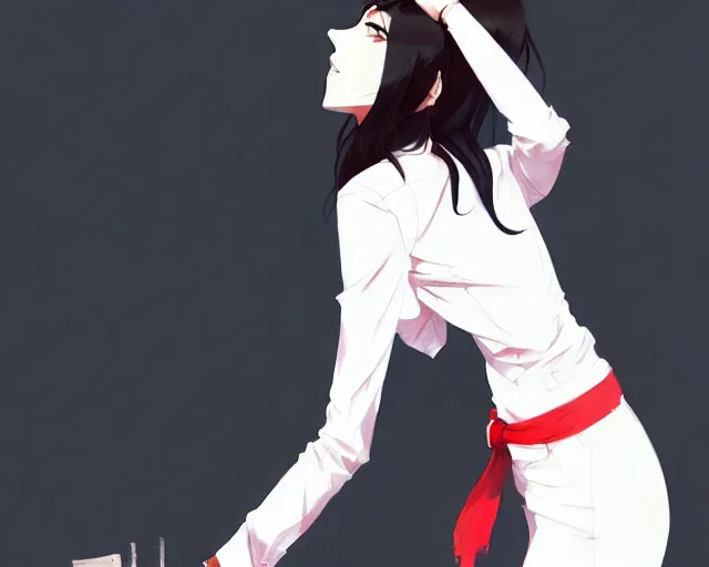 Image similar to a ultradetailed full body portrait of a woman dressed in a white shirt with a tie, by conrad roset, greg rutkowski and makoto shinkai trending on artstation