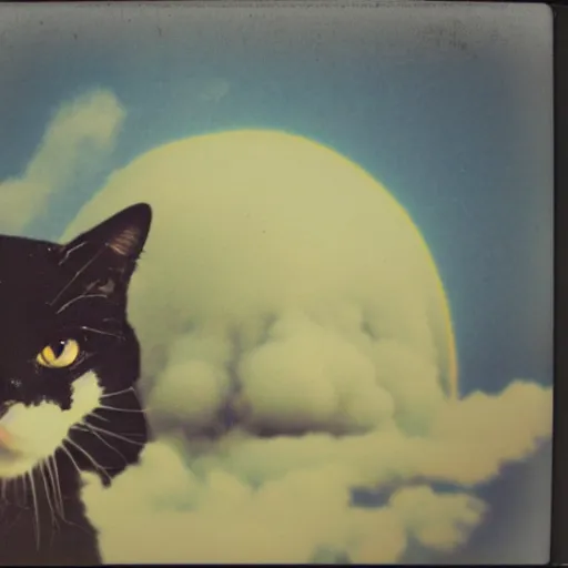 Image similar to polaroid photo of a cat watching a mushroom cloud in the background