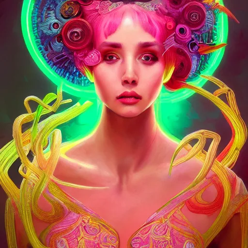 Image similar to a photograpic portrait of a anthropomorphic mimosa wearing colorful neon clothes, fantasy, intricate, elegant, highly detailed, digital painting, artstation, concept art, smooth, sharp focus, illustration, art by artgerm and H R Giger and alphonse mucha