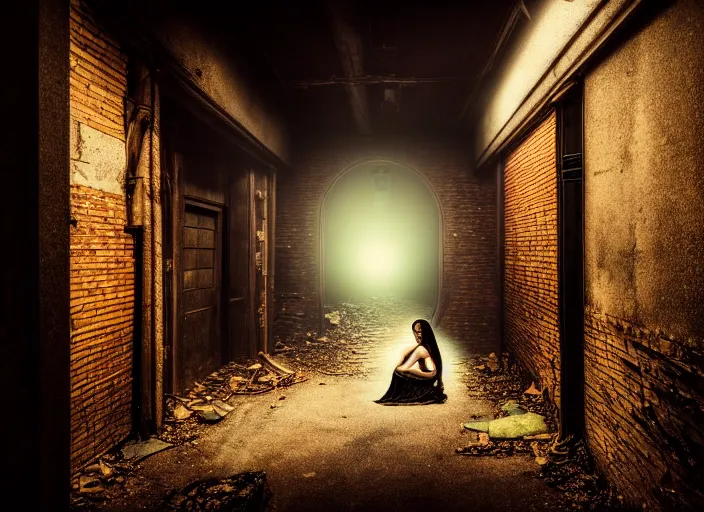 Image similar to photo of an alley of an abandoned city at night with a lone elven woman warrior sitting in the corner leaning on a closed door. Fantasy magic horror style. Highly detailed 8k. Intricate. Nikon d850 55mm. Award winning photography.