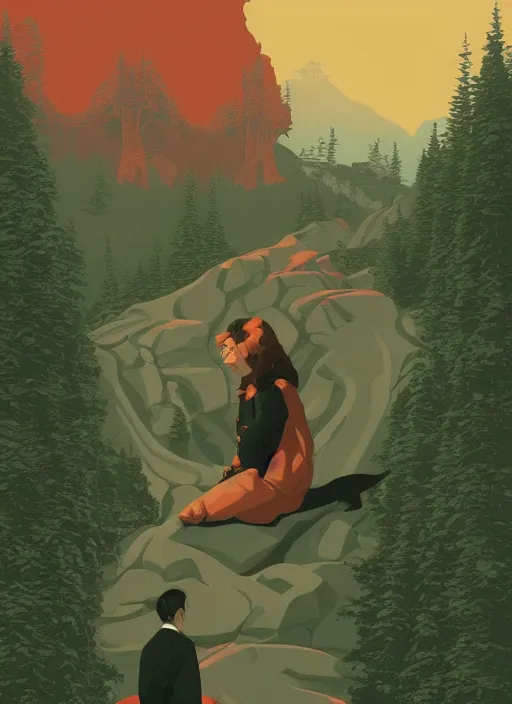 Prompt: Twin Peaks poster artwork by Tomer Hanuka, Rendering a snake wraping around woman, by Michael Whelan, Makoto Shinkai and thomas kinkade, Matte painting, trending on artstation and unreal engine