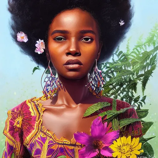Prompt: ultra realistic illustration, beautiful swahili girl with flowers blossoming from her afro, wearing a kitenge, elegant, highly detailed, digital painting, concept art, smooth, sharp focus, illustration, art by artgerm and greg rutkowski 7 8 0